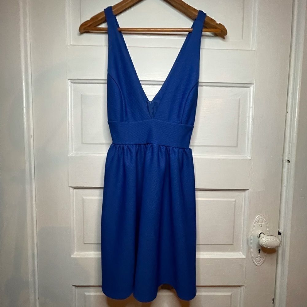 Solemio Plunging Neck and Back Blue Mini Dress